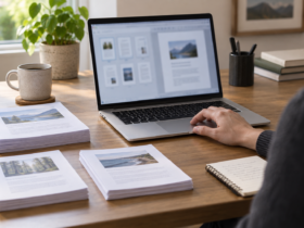 AI ilustracija organizovanja PDF dokumenata na srebrnom laptopu.